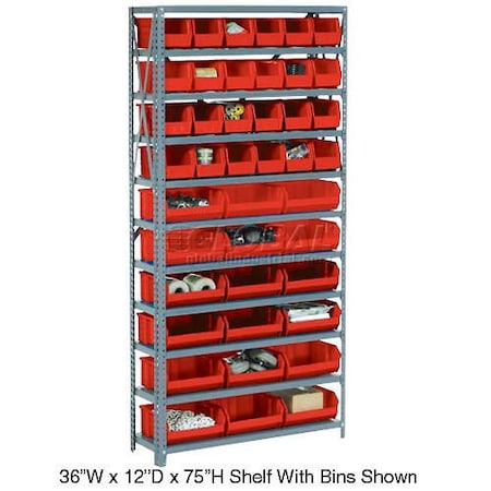 Global Industrial Steel Open Shelving with 12 Red Plastic Stacking Bins 5 Shelves, 36x18x39 603249RD